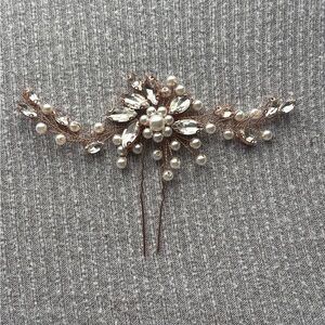 Vintage rose gold tone floral theme hair comb w faux pearl and rhinestones